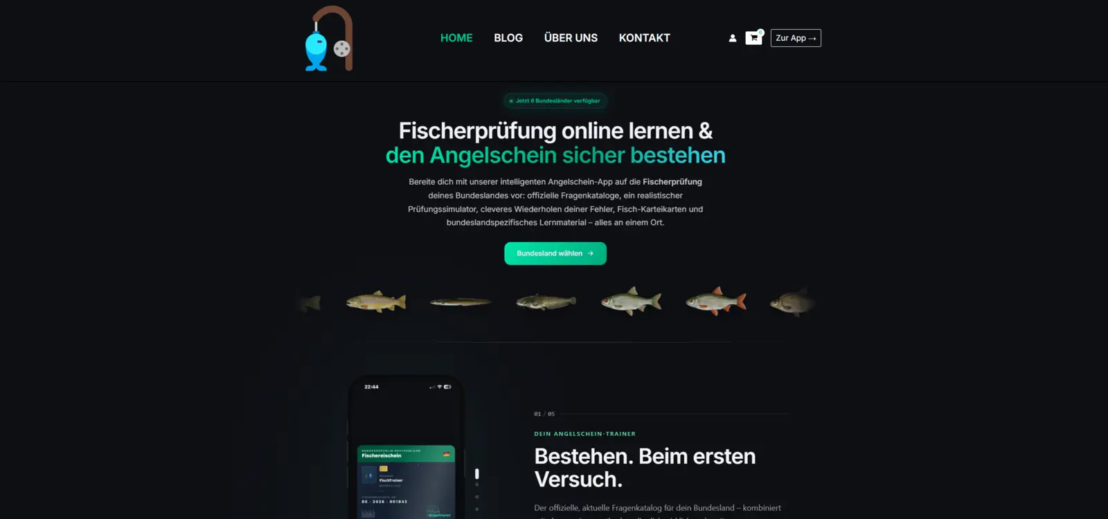 Screenshot der Startseite von angelschein-fragen.de